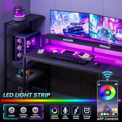59in Gaming Computer Desk with Drawers & Power Outlet & LED Lights, Black - color: Black, size: 59''