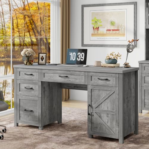 Halitaa Farmhouse 61'' Executive Desk with 5 Drawers,Grey | Rustic Office Desk, File Drawers and Storage Cabinet, Wood Workstation for Study and Home Office - color: Grey, size: 61''W with 5 Drawers