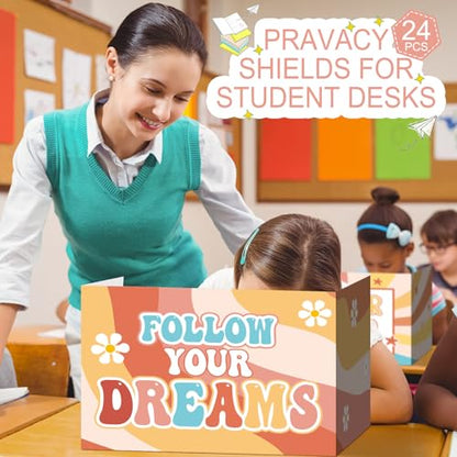 Honoson 24 Pcs Inspirational Privacy Folders for Students | Cardboard Desk Shields with Motivational Words, 6 Designs for Classroom Study, Tri-fold Exam Dividers, Bulk Test Boards - style: Groovy