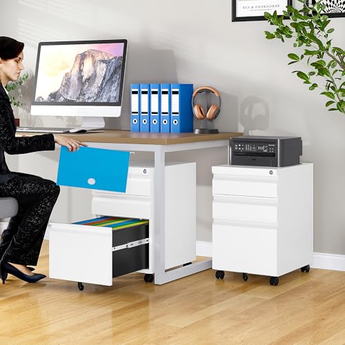 3 Drawer File Cabinet with Lock,Under Desk File Cabinet with Wheels,White Rolling Filing Cabinets,Three Drawer Metal Filing Cabinet for Home Office,Fit A4/Letter/Legal File,- Assembly Required - color: White, size: 24.41"H x 14.6"W x 17.32"D-B