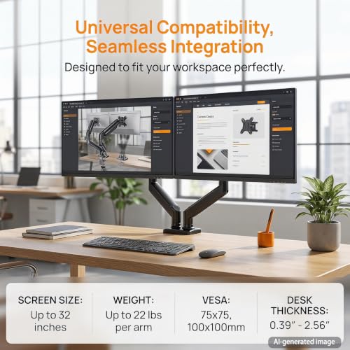 Dual Monitor Stand up to 32" Screen, Each Arm Holds Max 22 lbs, Monitor Arms for 2 Monitors with Gas Spring and Cable Management, Tilt/Swivel/Rotation, VESA Standard 75x75 & 100x100mm