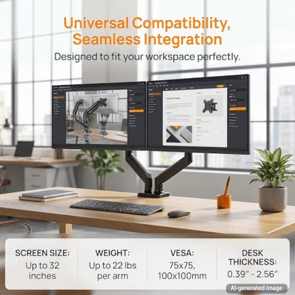 Dual Monitor Stand up to 32" Screen, Each Arm Holds Max 22 lbs, Monitor Arms for 2 Monitors with Gas Spring and Cable Management, Tilt/Swivel/Rotation, VESA Standard 75x75 & 100x100mm