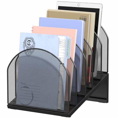 5-Section Desk File Organizer Metal Mesh Folder Organizer, Black | Metal Mesh Folder Organizer for Documents, Mail & Office Papers - color: Black