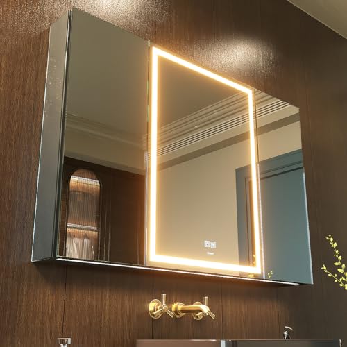 40*28 inch Three-door Aluminum LED Lighted Bathroom Medicine Mirror Cabinet | Light Adjustable, Sockets & USBs inside, Anti-Fog, Easy to Install - color: 40*28 Three-door