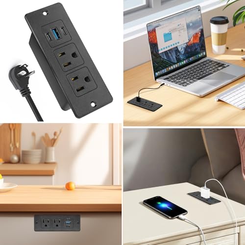 2Pack Recessed Power Strip, 20W USB-C Furniture Outlet, Black, 6FT | 2 AC + 3 USB (2 USB-C, 1 USB-A), Flush Mount, Space-Saving, Easy Install, For Desk, Bedside, Drawer, Conference Table - color: Black-2Pack, size: 6 FT