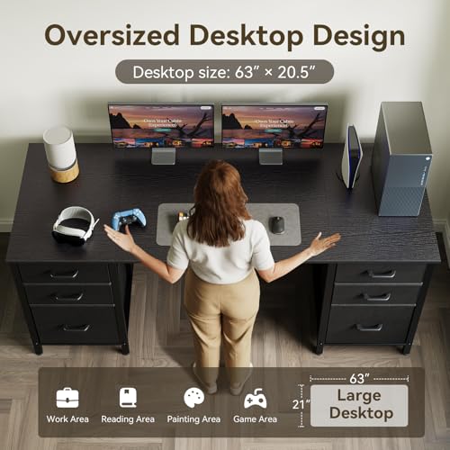 ODK 63 inch Computer Desk with 6 Fabric Drawers, Home Office Desk | Black Desk with File Drawers Cabinet with Large Storage for Home Office, Study, Gaming - color: Black