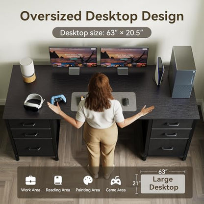 ODK 63 inch Computer Desk with 6 Fabric Drawers, Home Office Desk | Black Desk with File Drawers Cabinet with Large Storage for Home Office, Study, Gaming - color: Black