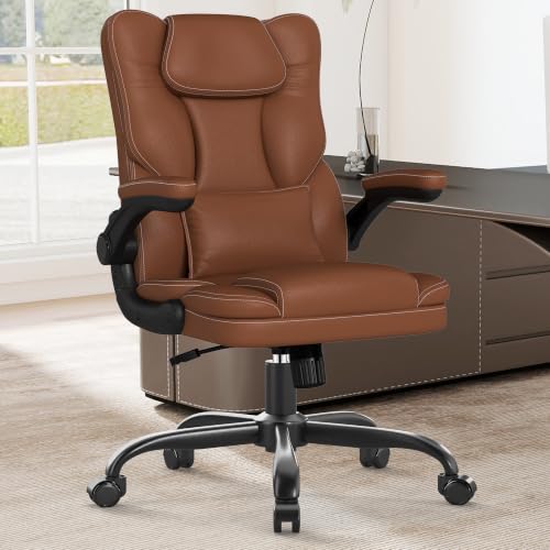 Executive Office Chair Flip Up Arms Lumbar Support Home Office Desk Chair - color: Brown