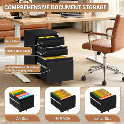 3 Drawer Small Under Desk Rolling File Cabinet with Lock for Home Office | Fully Assembled,Central Locking System,Metal,Pencil Tray,Hanging File Bar,Anti-Tipping Caster - color: Black