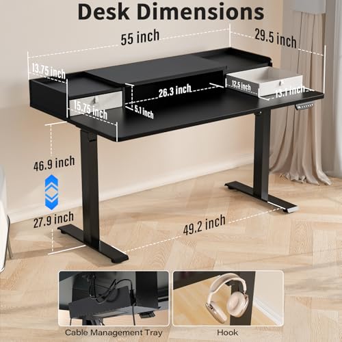 Kingant Standing Desk with Dual Drawers,Electric Height Adjustable 55"x 30" | Built-in USB A&C Charging ports Large Workstation, Heavy-Duty Sit Stand Up Desk For Home Office Daily Work,Black - color: Black, size: 55" x 30"