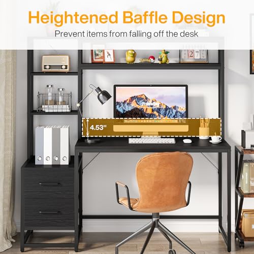 Tribesigns 55 Inch Computer Desk with 2 Drawers and Storage Shelves, Rustic Office Desk with Hutch, Study Writing Gaming Table Laptop Workstation for Home Office (Black) - color: Black