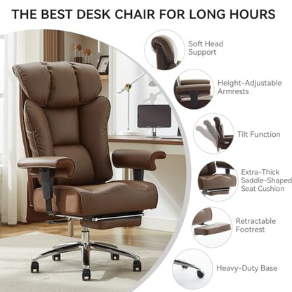 Efomao Big and Tall Office Chair 400lbs - Heavy Duty Executive Desk Chair with Foot Rest & 23" Wide Seat - High Back Ergonomic Leather Computer Chair for Heavy People, Home Office, Brown - color: 3060-brown