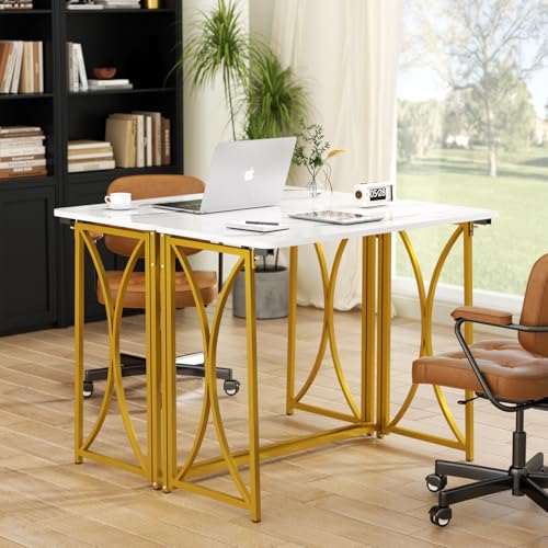 Folding Desk, 31.5" Small Desk for Bedroom, Space Saving Foldable Computer Desk for Home Office, Easy Assembly, White and Gold - size: medium size22