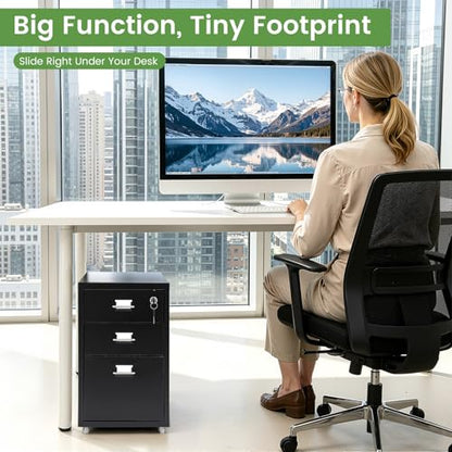3-Drawer Metal Vertical File Cabinet, Narrow Mobile File Cabinet with Lock and 2 Keys, Under Desk Storage Drawer for Study Home-11 * 16 * 18.3in (Black) - color: Black