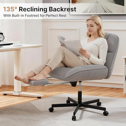 Cross Legged Chair with Foot Rest, Thick Cushioned Criss Cross Chair with Wheels, Armless Wide Seat Reclining Desk Chair, Height Adjustable Cross Legged Office Chair for Home Office, Grey - color: Grey