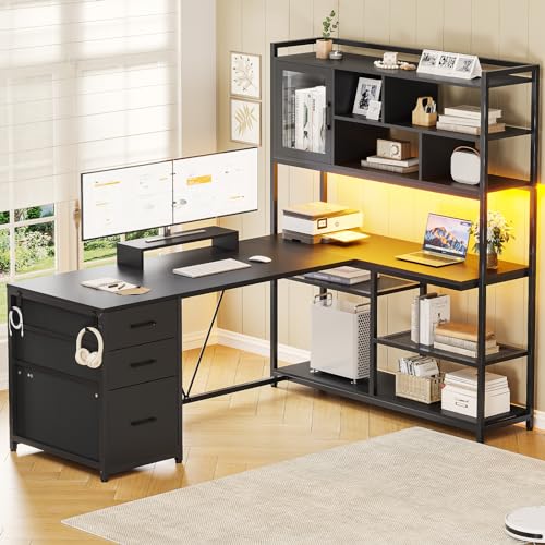 SEDETA 58'' L Shaped Computer Office Desk with 3 Drawers and Bookshelf - color: Black