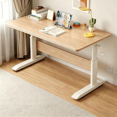 Manual Crank Standing Desk Adjustable Height 23.6-33.5 inch, Steel Frame Computer Table with Solid Wood Eco-Board Desktop and Cable Management Hole, mesa Gamer for Home Office(Natural,48IN) - color: Natural, size: 48IN