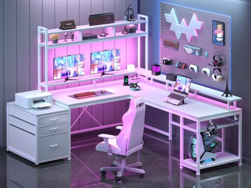 EnHomee 104''L Shaped Desk with 4 Layouts,Outlet for Two Person Home Office - color: White