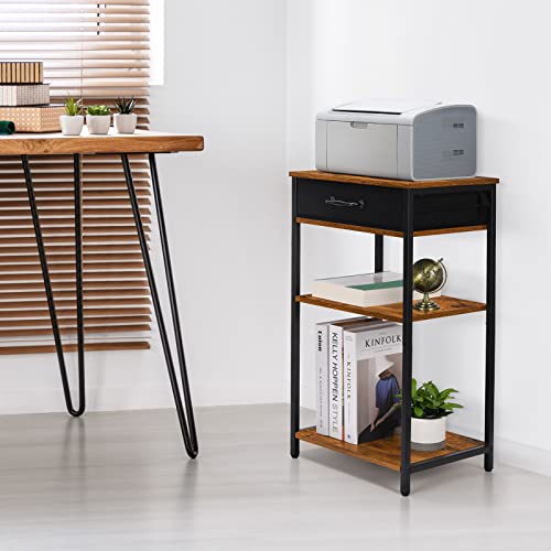 BTY Printer Stand with Storage 3 Tier Home Printer Table with Drawers Multifunctional Under Desk Printer Shelf Holder Industrial End Table Nightstand for Fax Machine Scanner Files Brown