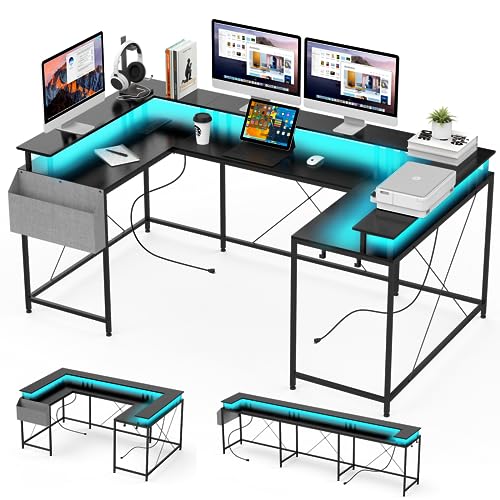 IDEALHOUSE U Shaped Home Office Desk, Reversible L Shaped Gaming Computer Desk with Power Outlets,126 Inch Computer Desk with Monitor Stand and LED Lights,Storage Shelves,Storage Bag and Hooks（Black） - color: Black