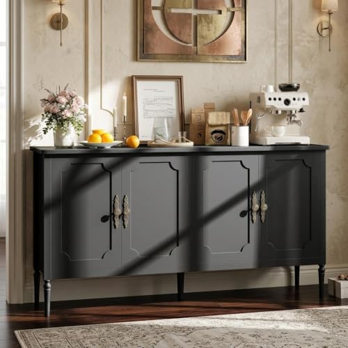Garvee 59 in Sideboard Buffet Cabinet with Storage, Vintage Coffee Bar Cabinet with 4 Doors & Adjustable Shelves for Living Room, Kitchen, Hallway, Black - color: Black