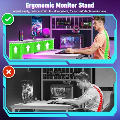 DurayLoly 55" Gaming Desk with,RGB LED,Headphone Hook Shelves for Bedroom - color: White, size: 19.6"Dx55"Wx51"H
