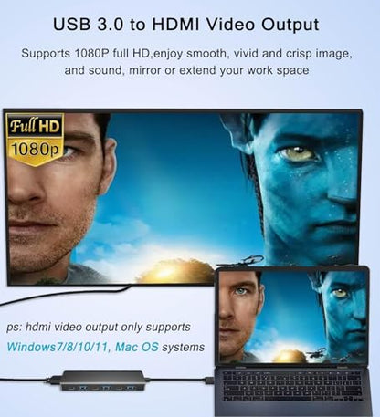 USB 3.0 to HDMI Adapter, USB 3.0 Hub with HDMI 1080P, USB-A&C Data & Power Ports, Docking Station Extender for Monitor, PC, Laptop, Desktop Support Windows 7/8/10 & Mac OS