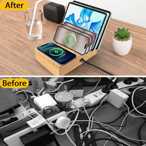 6 Port USB Charging Station for Multiple Devices 200W USB C Laptop Charger for MacBook Tablet 15W 3-in-1 Wireless Charger for iPhone/Apple Watch/AirPods Bamboo Charging Station Organzier