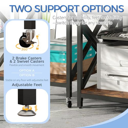 METYERRY 23.6"x23.6" Large Printer Stand with Power Outlet | 2 Tier Storage Shelf, 200 lbs Heavy Duty, Industrial Wheels,Fits 3D Printers,Laser Printers and Heat Press,Home Office - color: Rustic Brown