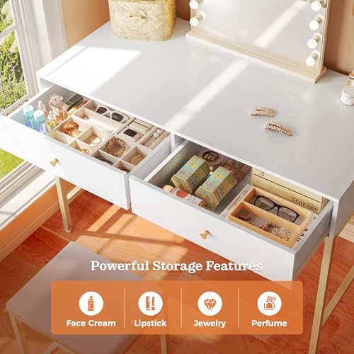 SUPERJARE 43-inch Modern White & Gold Desk - 2 Drawer Vanity - color: Gold and White, size: 43.3 inch