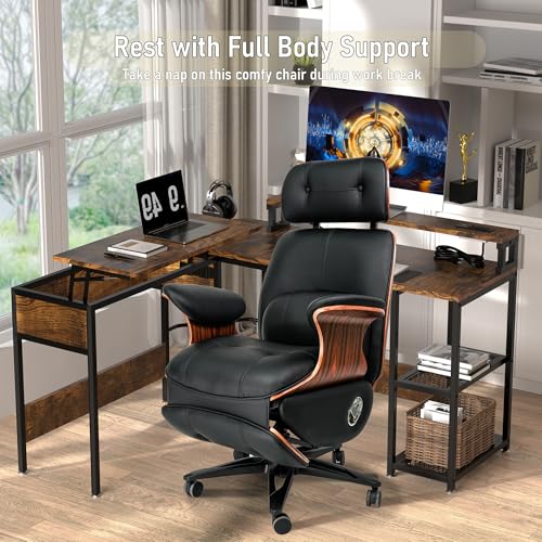 Ergonomic Leather Office Chair,Electric Recline/Footrest/Massage | 90-135° recline, footrest, 3-level massage, S-curve support, fits 5'3-6'1, solid wood, all-day comfort for home office,black - color: Black