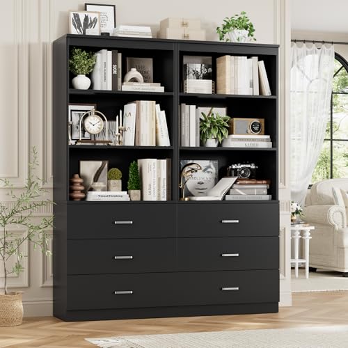 FOTOSOK 71" Black Bookshelf with 3 Drawers, Tall Bookshelf and Bookcase | 6-Tier Wide Bookshelf with 3 Open Shelves, Tall Bookcase Large Book Shelf Standing Book Case for Home Office, Whit - color: Black
