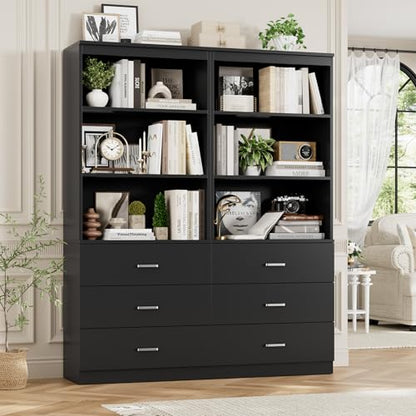 FOTOSOK 71" Black Bookshelf with 3 Drawers, Tall Bookshelf and Bookcase | 6-Tier Wide Bookshelf with 3 Open Shelves, Tall Bookcase Large Book Shelf Standing Book Case for Home Office, Whit - color: Black