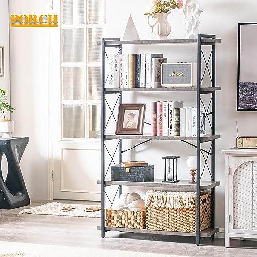 HCHQHS Bookshelf, 5-Tier Industrial Bookcase, Rustic Open Book Shelf, Freestanding Tall Bookshelves with Metal Frame - color: Grey, size: 5-Tier (35.8"W x 65.7"H)