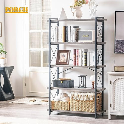HCHQHS Bookshelf, 5-Tier Industrial Bookcase, Rustic Open Book Shelf, Freestanding Tall Bookshelves with Metal Frame - color: Grey, size: 5-Tier (35.8"W x 65.7"H)