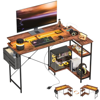 HOMCOM 58" L Shaped Gaming Desk with Power Outlets Reversible Rustic Brown | LED Lights, Computer Desk with Monitor Stand, Fabric Storage Bag, Cable Management, for Home Office