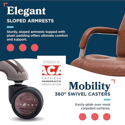 La-Z-Boy Sonata Executive Mid-Back Office Chair, Button-Tufted Seat and Back, Double-Layer Cushion, Padded Armrests, Ergonomic Computer DeskChair, Swivel Metal Base, Bonded Leather, Cognac/Graphite - color: Cognac and Graphite