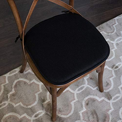 Sweet Home Collection Chair Cushion Memory Foam Pads with Ties Honeycomb Pattern Slip Non Skid Rubber Back Rounded Square 16" x 16" Seat Cover, 2 Pack, Black - color: Black, size: 2 Count (Pack of 1)
