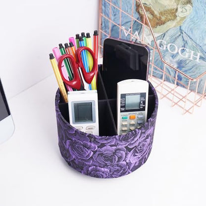 Round Leather Art Supply Organizer,Remote Control Holder,360 Degree Rotating,Multi-Functional Pencil Holder,4 Compartments Desktop Stationary Organizer(1-3D Rose Purple) - color: 1-3D Rose Purple