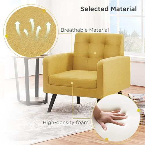 Yaheetech Mid Century Accent Chair Living Room Chair Yellow | Linen-Like Upholstered Sillones Para Sala, Modern Reading Nook Chair, Button Tufted Back, Rubberwood Legs, Bedroom Office - color: Yellow, size: set of 1