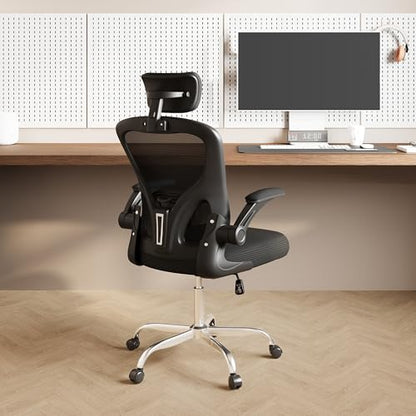 DEVAISE Office Chair High Back Mesh Ergonomic Desk Chair with Flip-up Armrests, Adjustable Headrest and Lumbar Support, Black