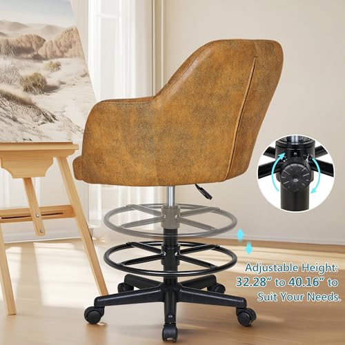 VECELO Drafting Chair with Low Back and Footrest Ring, Height Adjustable, Swivel Rolling Wheels, for Drawing/Standing Desk/Office, Linen Fabric，Brown