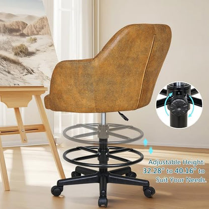 VECELO Drafting Chair with Low Back and Footrest Ring, Height Adjustable, Swivel Rolling Wheels, for Drawing/Standing Desk/Office, Linen Fabric，Brown