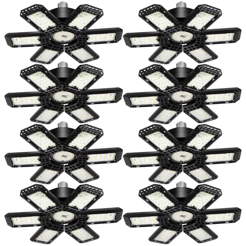 AUDLES 8 Pack LED Garage Light, 200W 20000LM 6500K LED Shop Lights, Garage Lights Ceiling Led with 6+1 Deformable Panels, Screw in E26/E27 Socket Bulb for Warehouse, Workshop, Basement, Barn Lighting - size: Standard 200W-8PACK
