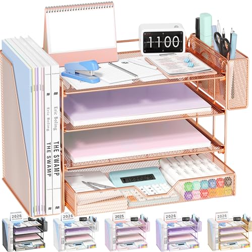 Desk Organizers and Accessories, 4-Tier Desktop File Organizer with Drawer and Pen Holders, Office Desk Accessories Workspace Organizers for Office Supplies (Rose Gold) - color: Rose Gold, size: 4T