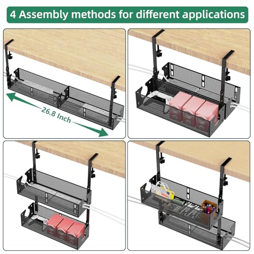 Multi-Model Under Desk Cable Management Tray 2 Packs Metal Under Desk Wire Management Clamp Mount Under Table Cord Management No Damage The Desk (Black)