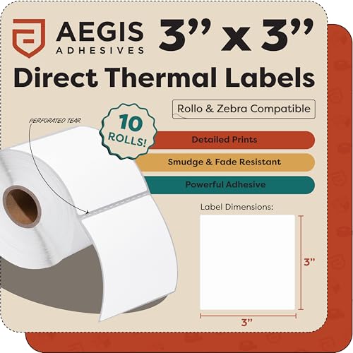 3" X 3" Square Direct Thermal Labels (5000 Count, 10 Rolls) - size: 3" X 3"