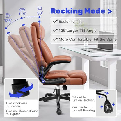High Back Executive Office Chair - Ergonomic Computer Desk with Rocking Function, Leather Managerial with Adjustable Flip-Up Armrests and Lumbar Support - color: Brown, style: Without Footrest