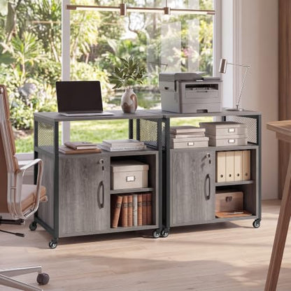 Rolling File Cabinet, Printer Stand with Charging Station (Grey) | Mobile Lateral Filing Cabinet | Adjustable Shelf & Metal Frame | Lockable Wheels | For Home Office & Small Space - color: Grey