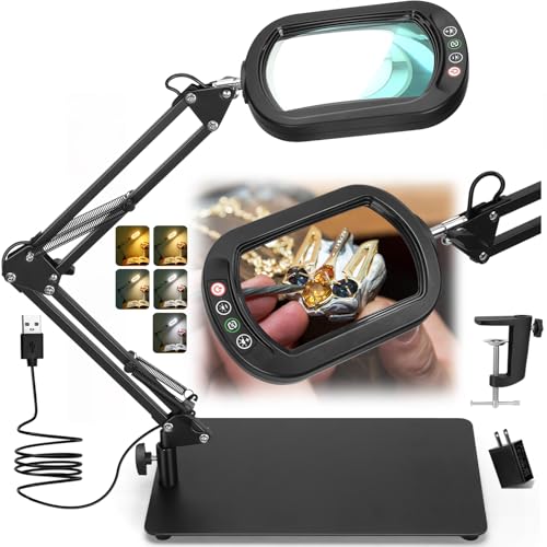 Veemagni 12X Rectangle Magnifying Glass with Light and Stand, 5 Color Modes Stepless Dimmable, 2-in-1 LED Lighted Desk Lamp & Clamp, Hands Free Magnifier for Reading Crafts Repair Painting Close Work
